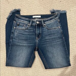 KanCan Blue Ankle Cropped Jeans with Distressed Details